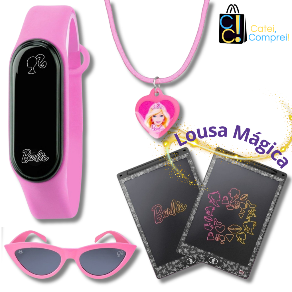 Kit Relógio Digital Barbie Bracelete + Colar e Pingente + Óculos Sol Proteção UV Infantil Criança