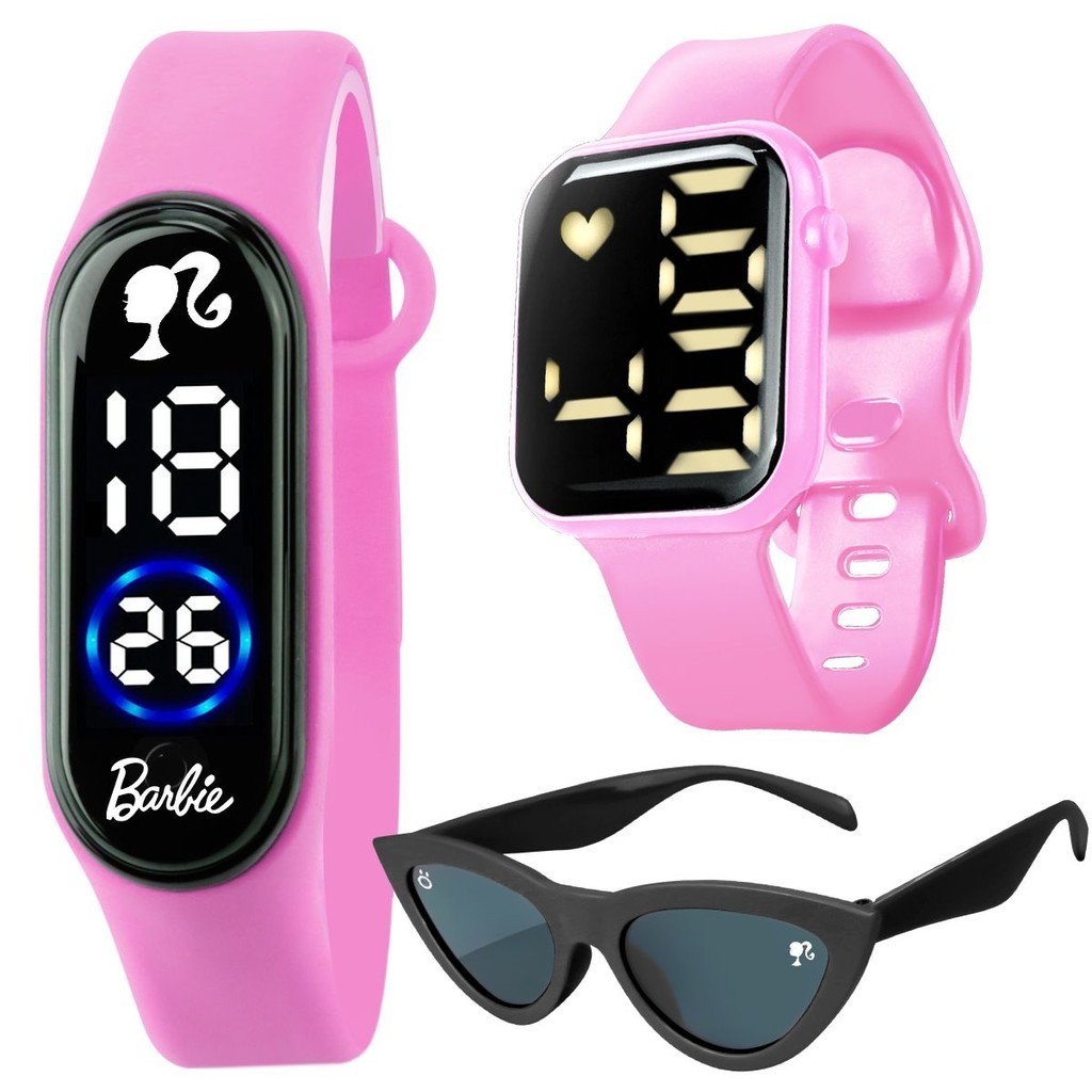 Relógio Infantil Digital Barbie Rosa + Óculos Proteção UV