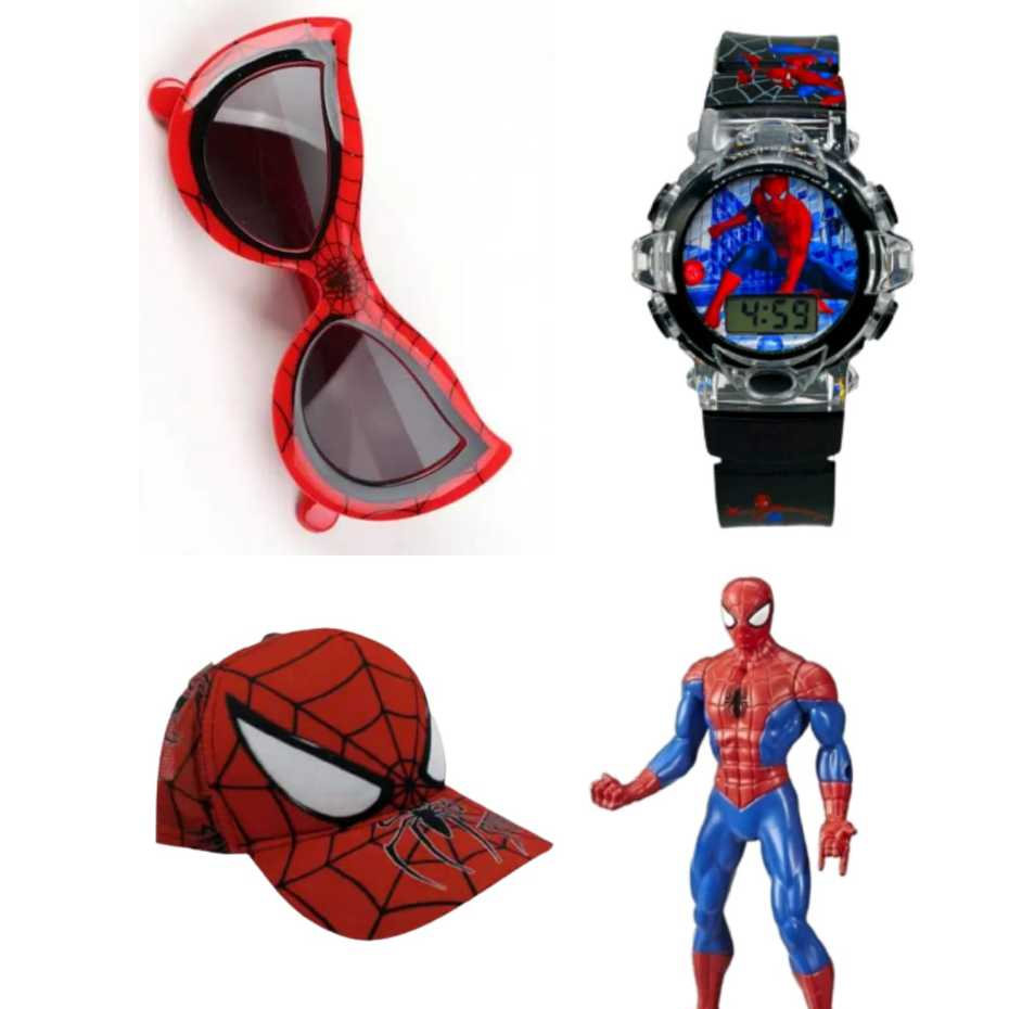 Bone, oculos de protecao , relogio digital musical com led e boneco infantil do homem aranha , kit 4 em 1 , para seu filho se divertir , lancamento , novidade