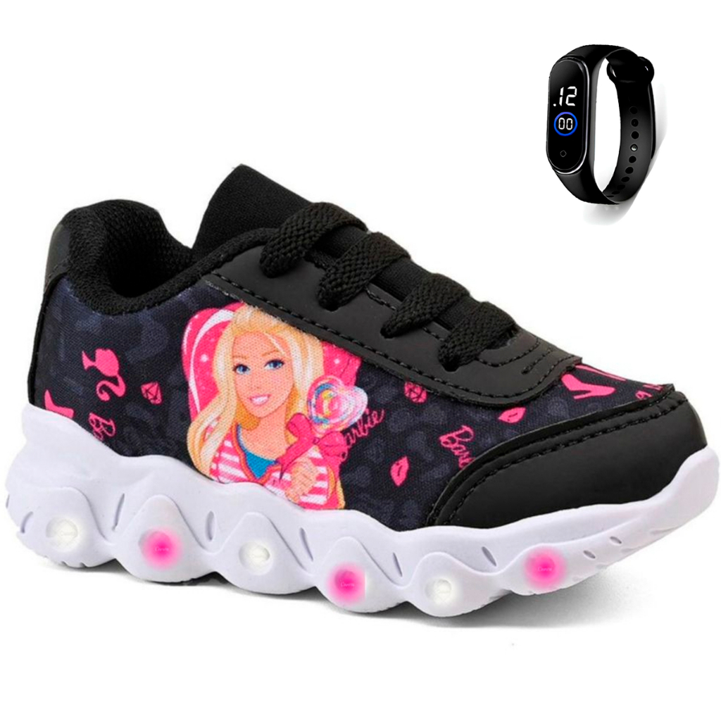 Kit Tênis Infantil Menina Barbie Casual Com Led + Relógio Digital