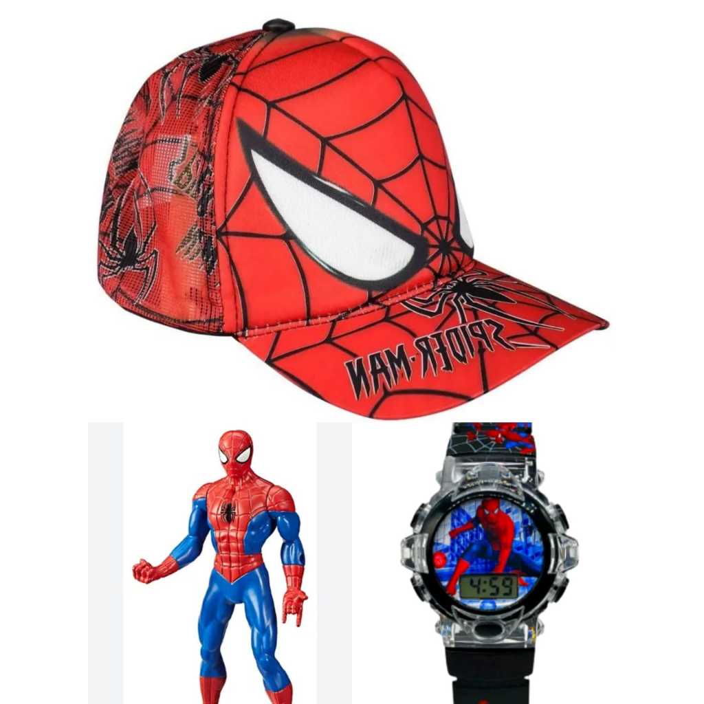 Boné boneco e relógio digital musical com led infantil masculino do homem aranha , kit 3 em 1 .
