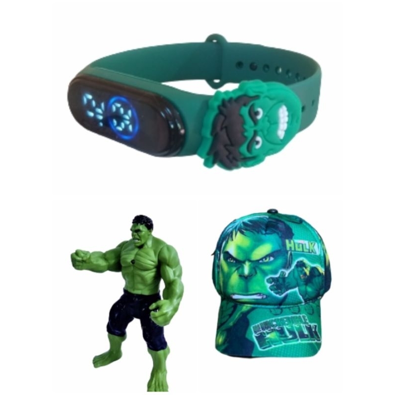 Boneco , bone e relogio digital a prova d agua do hulk , kit tres em um para surpreender seu filho , lancamento