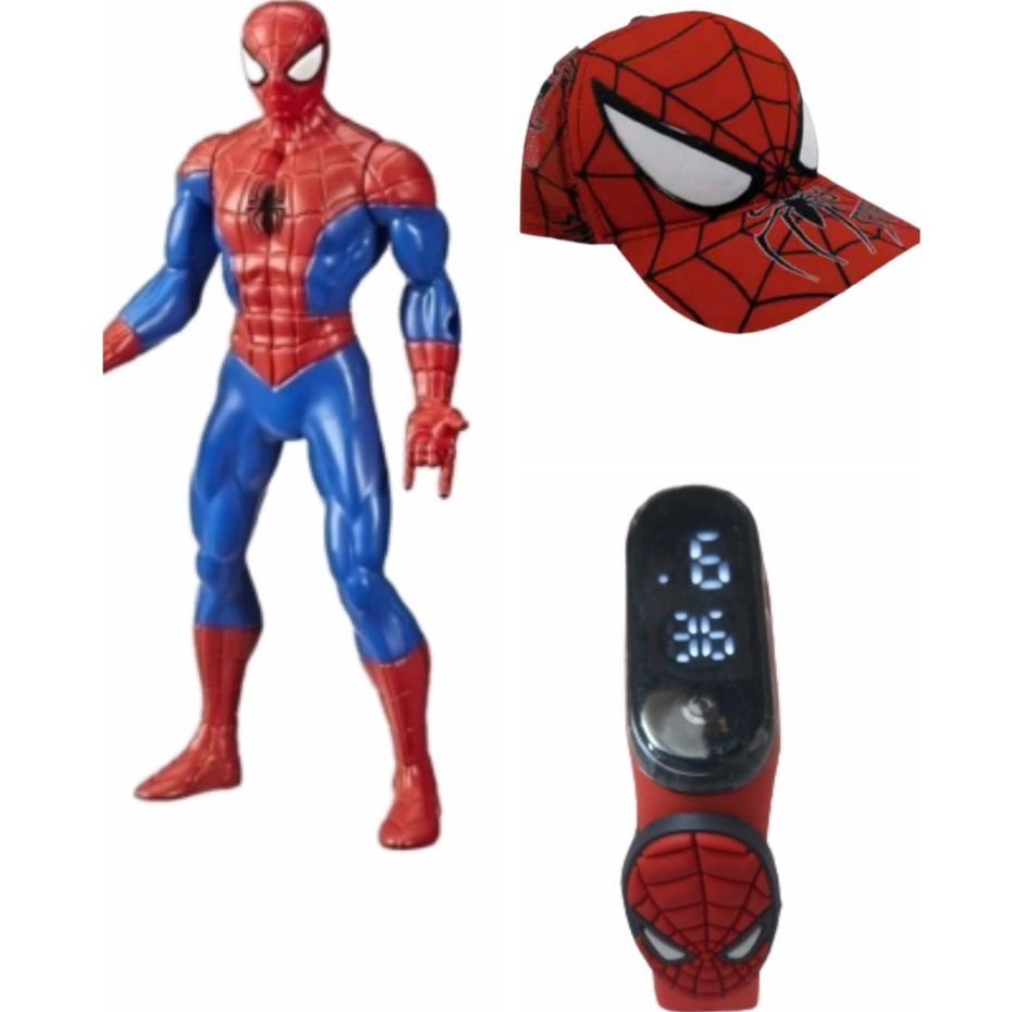 Bone infantil , relogio digital a prova d agua  e boneco do homem aranha ,seu filho brincar e se divertir