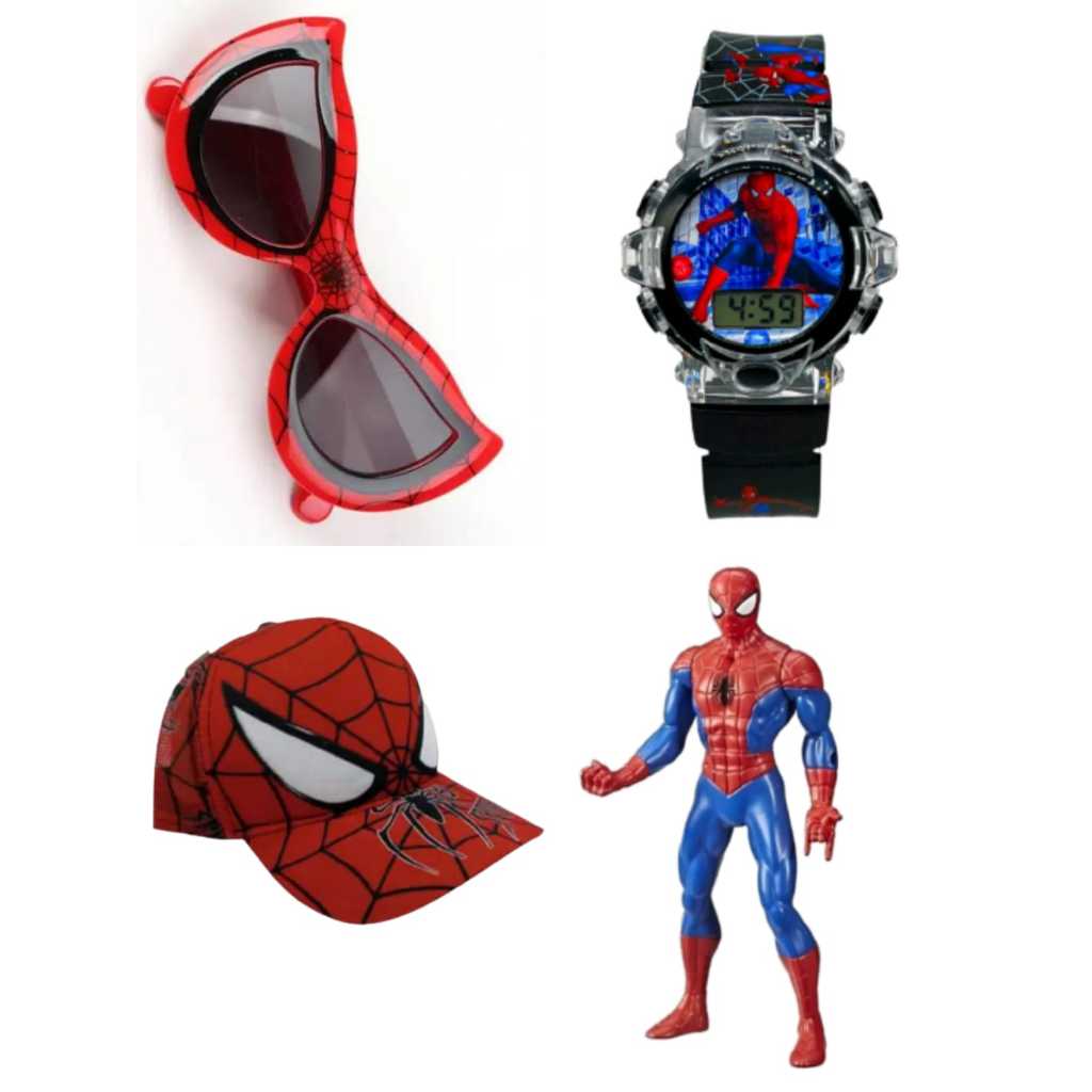 Relogio musical digital com led , bone , boneco e oculos de sol , kit infantil masculino do homem aranha , qualidade e preco justo