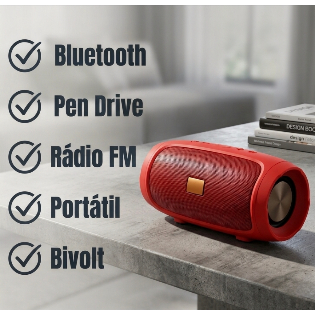 Caixinha de Som Portátil Bluetooth Carregamento USB Rádio FM com Microfone Vermelha Preta Azul Verde