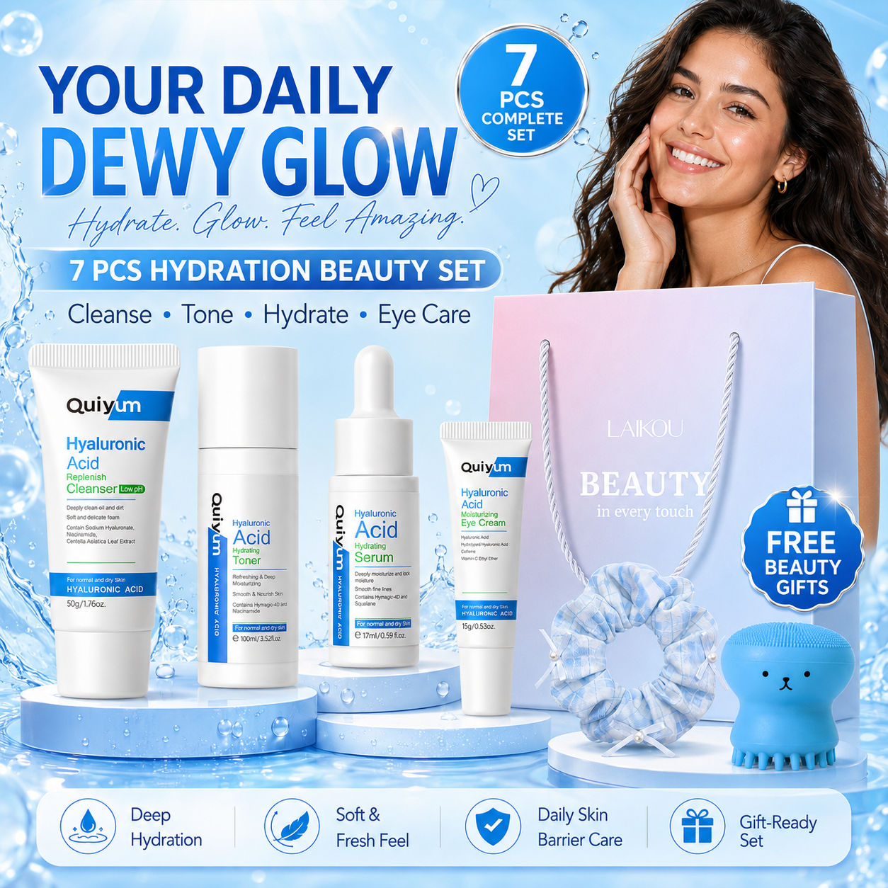 Conjunto de Cuidados com a Pele Quiym 7 Peças Hidratante Limpador Tônico Creme para Olhos Pincel Bolsa Presente Beleza
