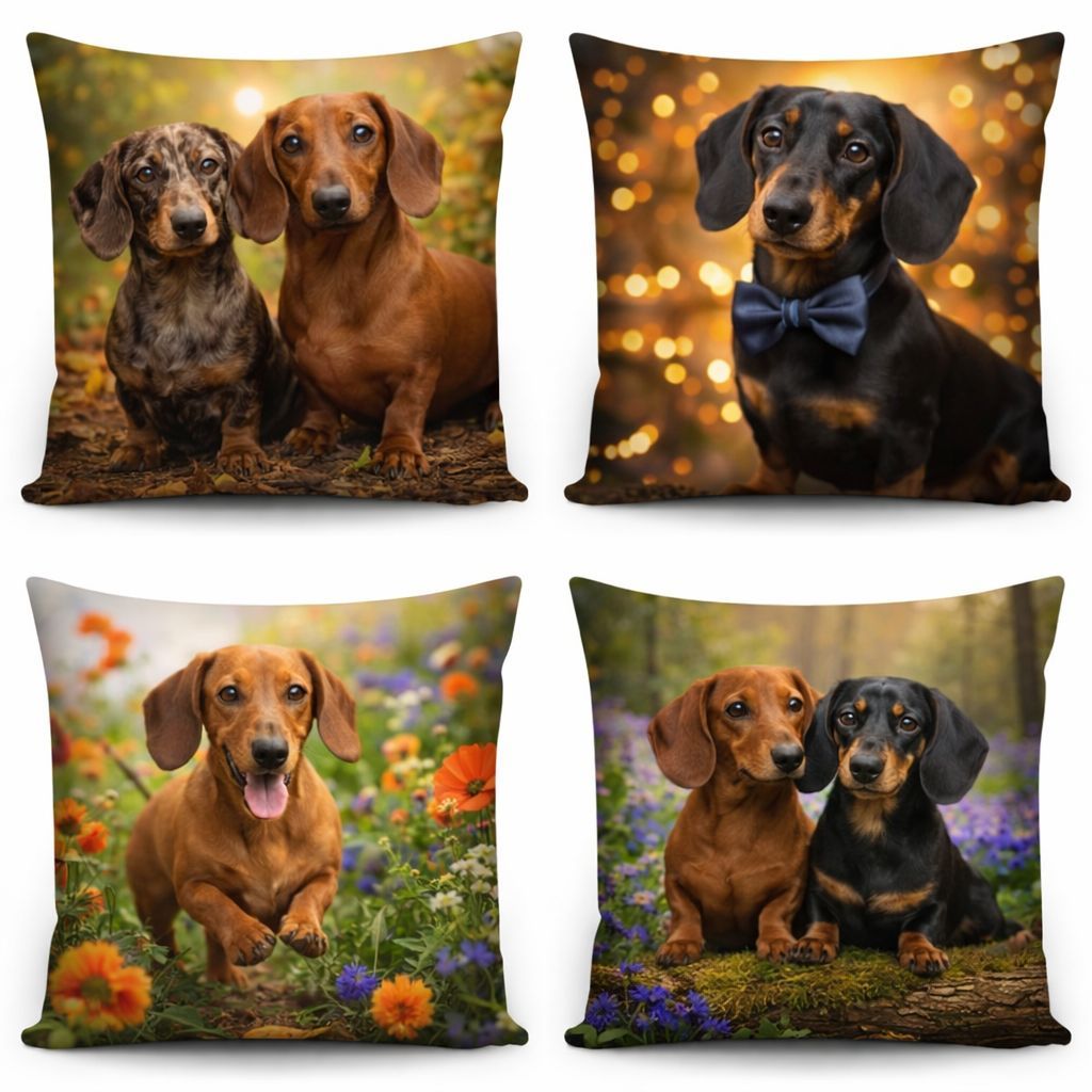 Kit 4 Capas de Almofada 45x45 Raças Pequenas Cachorros Basset Salsicha Pinscher Shih-Tzu