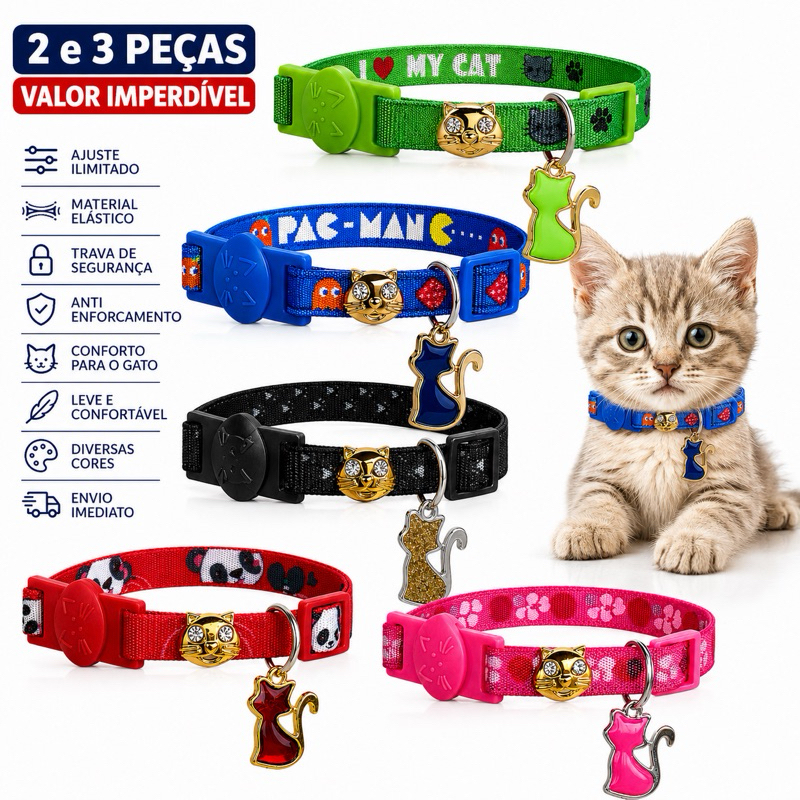 Coleira Gato e Pinscher Conj 3 Ajustável Elástica Anti Enforcamento Pet Cores Cachorro Ajustavel