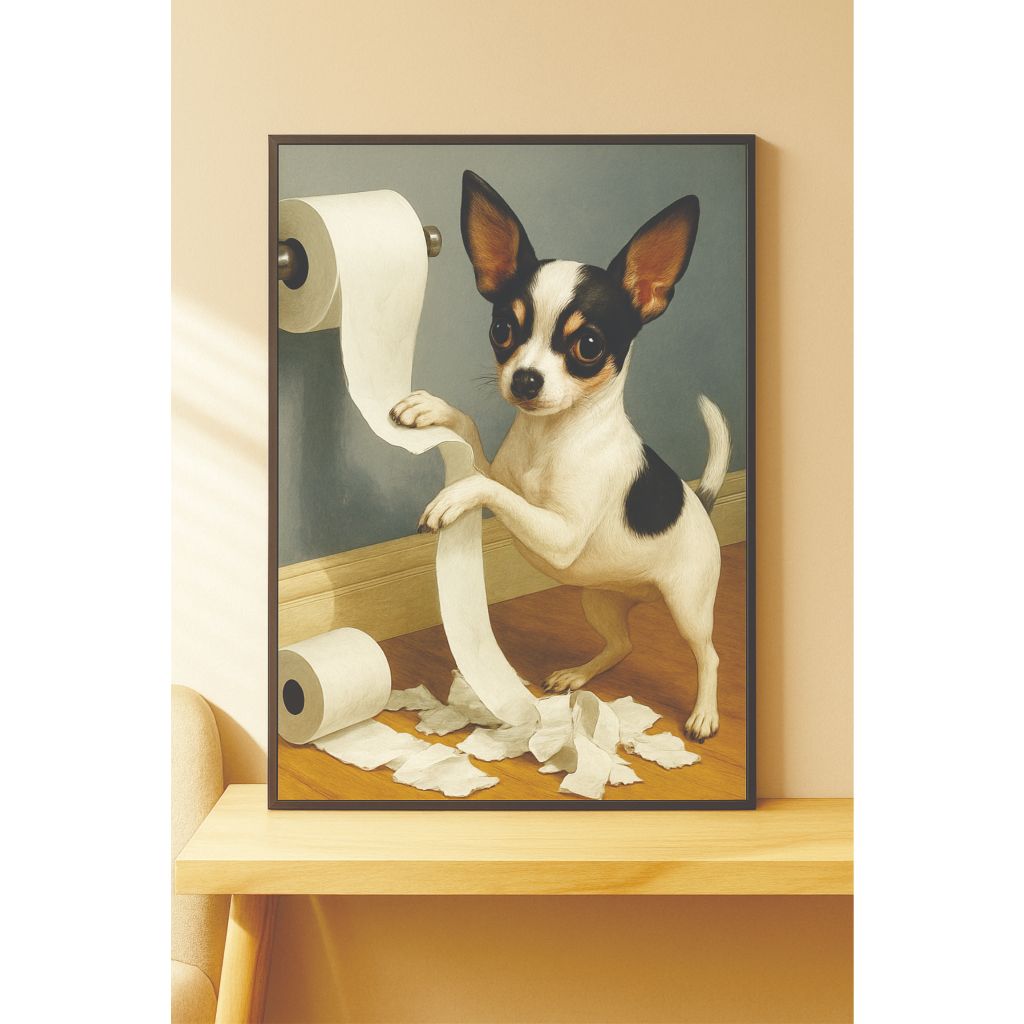 Quadro Decorativo Pinscher Divertido com Papel | Arte Pet Realista Premium para Banheiro e Sala