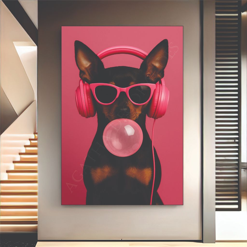Quadro decorativo pinscher fêmea fone rosa decoração pet shop consultório veterinário banheiro sala