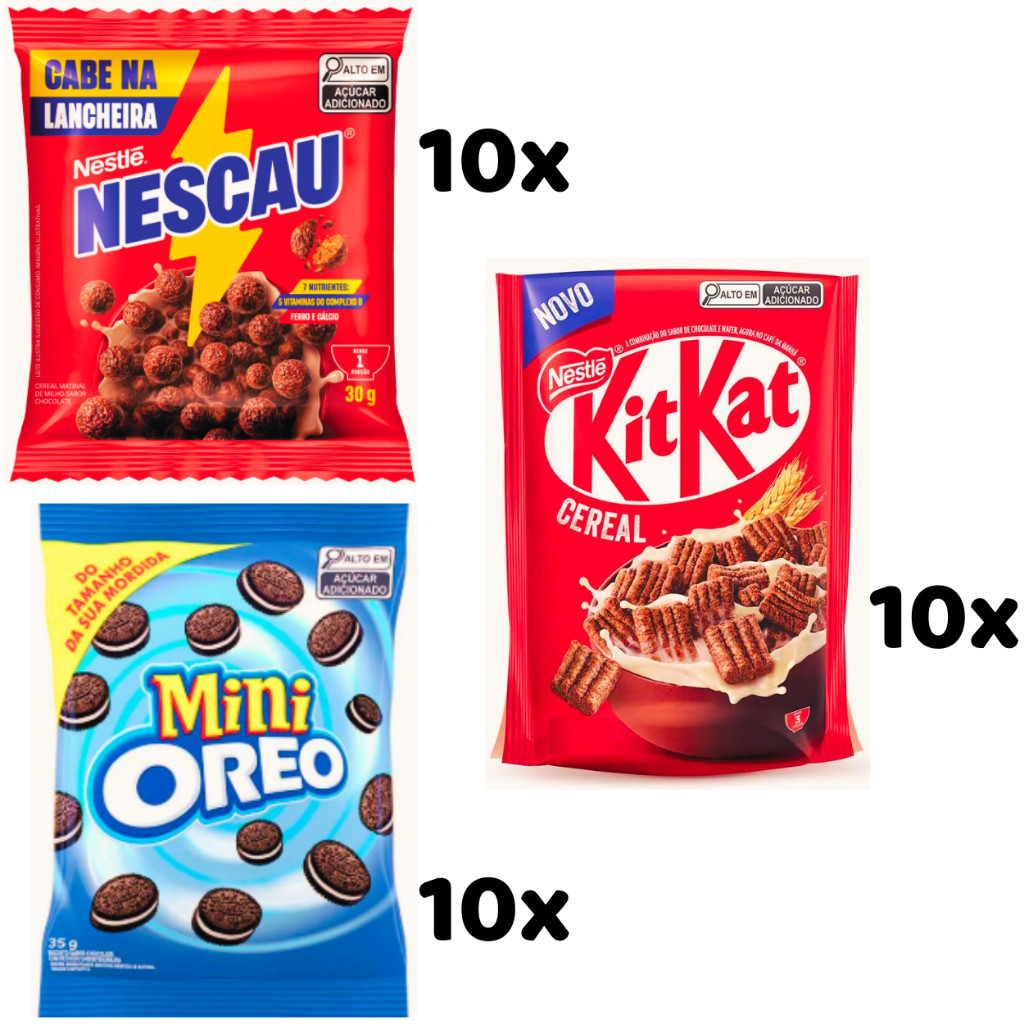 KIT 30 ITENS SACHET - 10 MINI OREOS + 10 MINI NESCAU + 10 MINI KIT KAT - CABE NA LANCHEIRA
