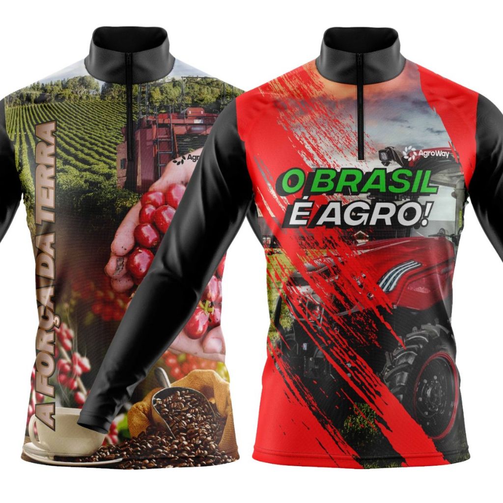 Kit 2 Camisa Camiseta Agro Manga Longa Zíper Proteção Uv Solar Café Trabalho Roça Soja Trator Milharal