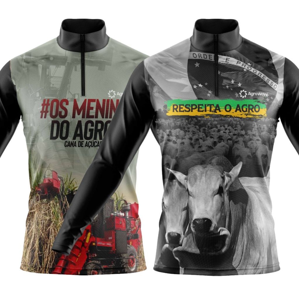 Kit 2 Camisa Camiseta Agro Manga Longa Zíper Proteção Uv Solar Cana Açúcar Boi Trator Plantação Colheita Roça Campo
