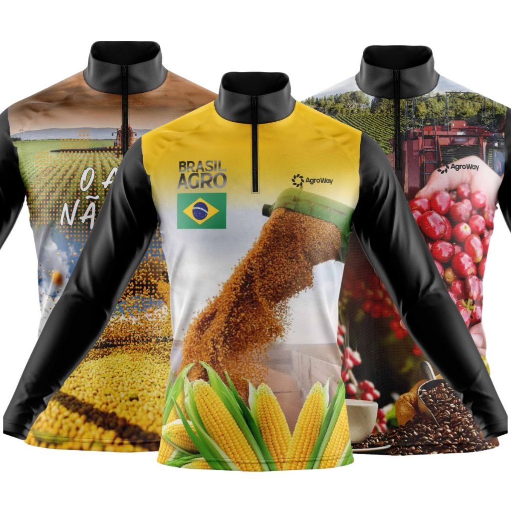 Kit 3 Camiseta Camisa Agro Manga Longa Zíper Proteção Uv Suave Trator Colheita Plantação Café Milharal Produtor Rural