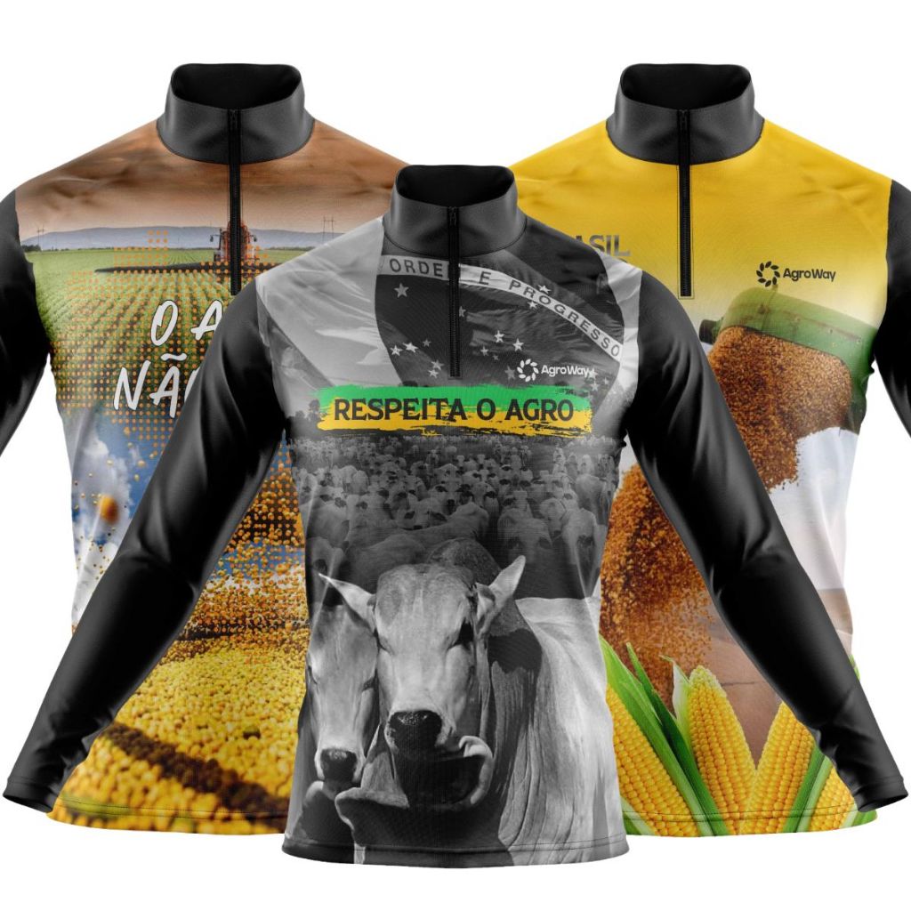 Kit 3 Camisa Camiseta Agro Manga Longa Zíper Proteção UV Suave Colheita Café Plantação Soja Trator Colheitadeira Gado