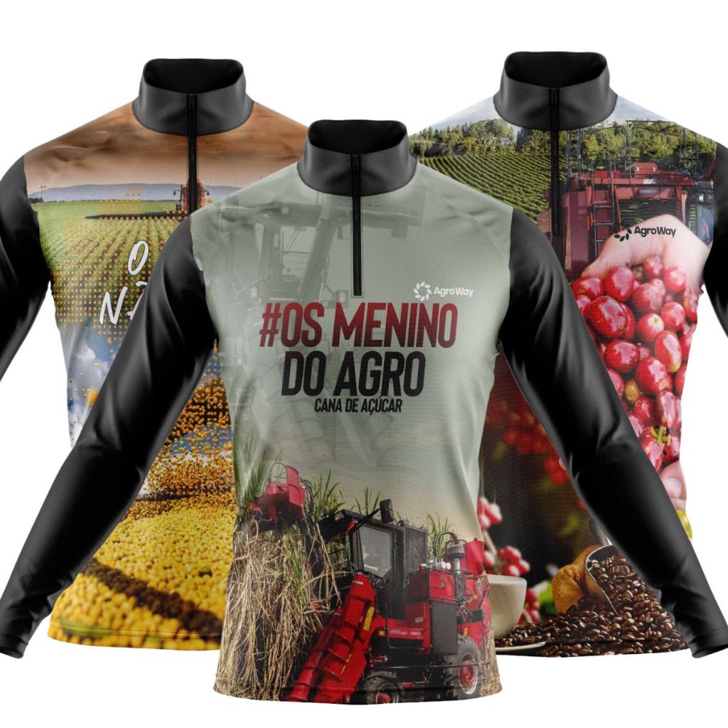 Kit 3 Camiseta Camisa Agro Manga Longa Proteção Uv Solar Zíper Plantação Soja Colheita Cana Açúcar Trator Colheitadeira