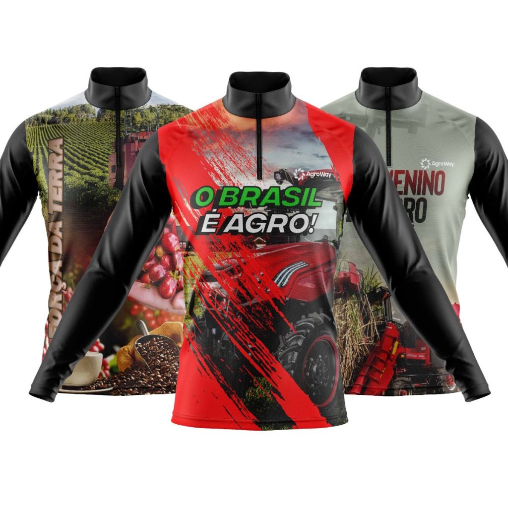 Kit 3 Camiseta Camisa Agro Manga Longa Zíper Plantação Soja Colheita Café Campo Trabalho Roça Brasil Colheitadeira Gado