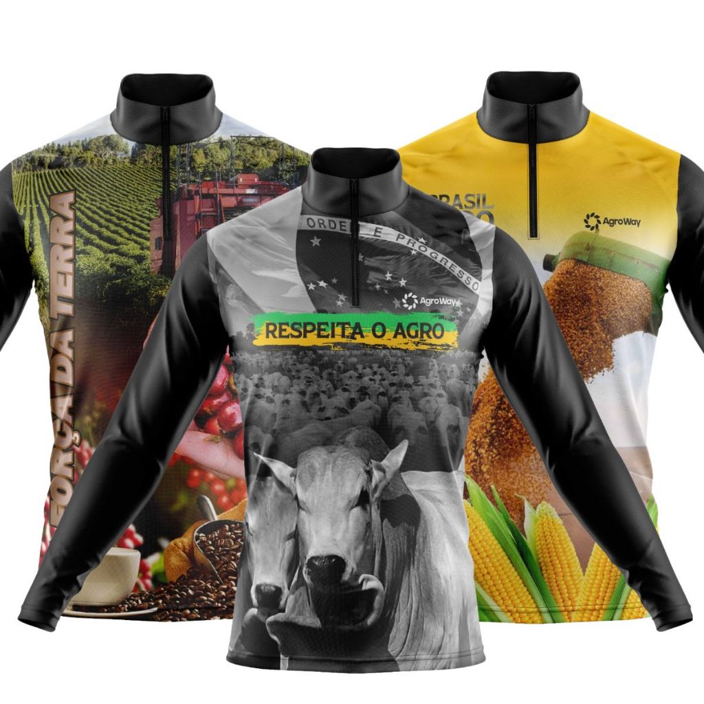 Kit 3 Camiseta Camisa Agro Manga Longa Zíper Proteção UV Solar Plantação Soja Agricultura Colheita Café Colheitadeira