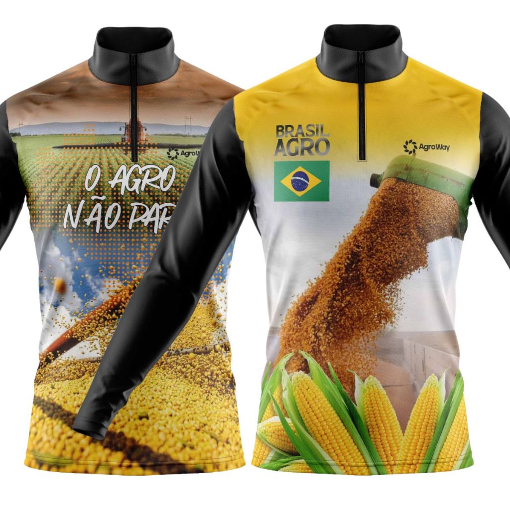 Kit 2 Camisa Camiseta Agro Manga Longa Zíper Proteção Uv Solar Campo Trabalho Roça Colheita Soja Trator Brasil