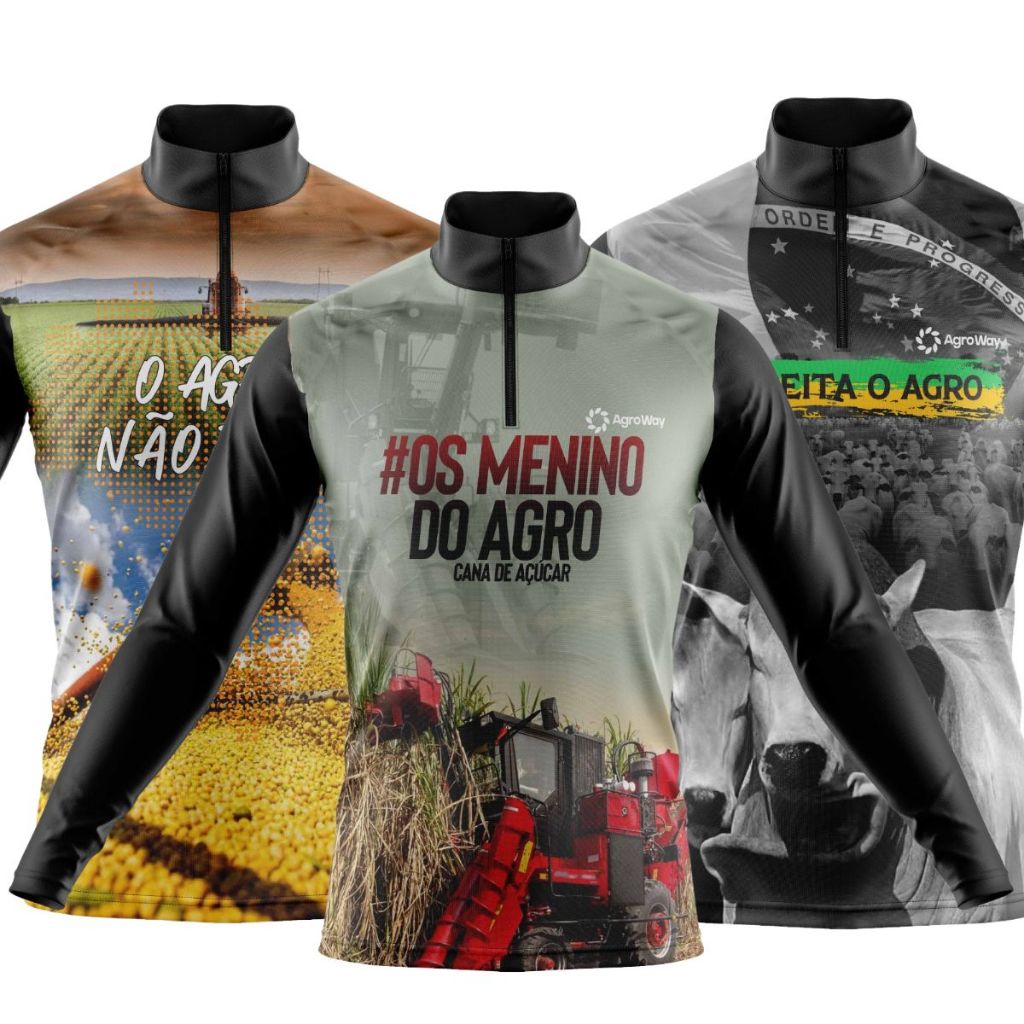 Kit 3 Camisa Camiseta Agro Manga Longa Zíper Proteção UV Solar Plantação Milharal Colheita Café Soja Cana Açúcar Campo