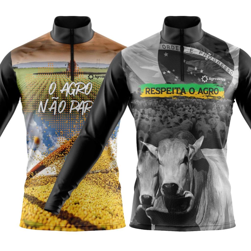Kit 2 Camisa Camiseta Agro Manga Longa Proteção UV Solar Zíper Colheita Soja Trabalho Campo Roça Trator Milho Milharal