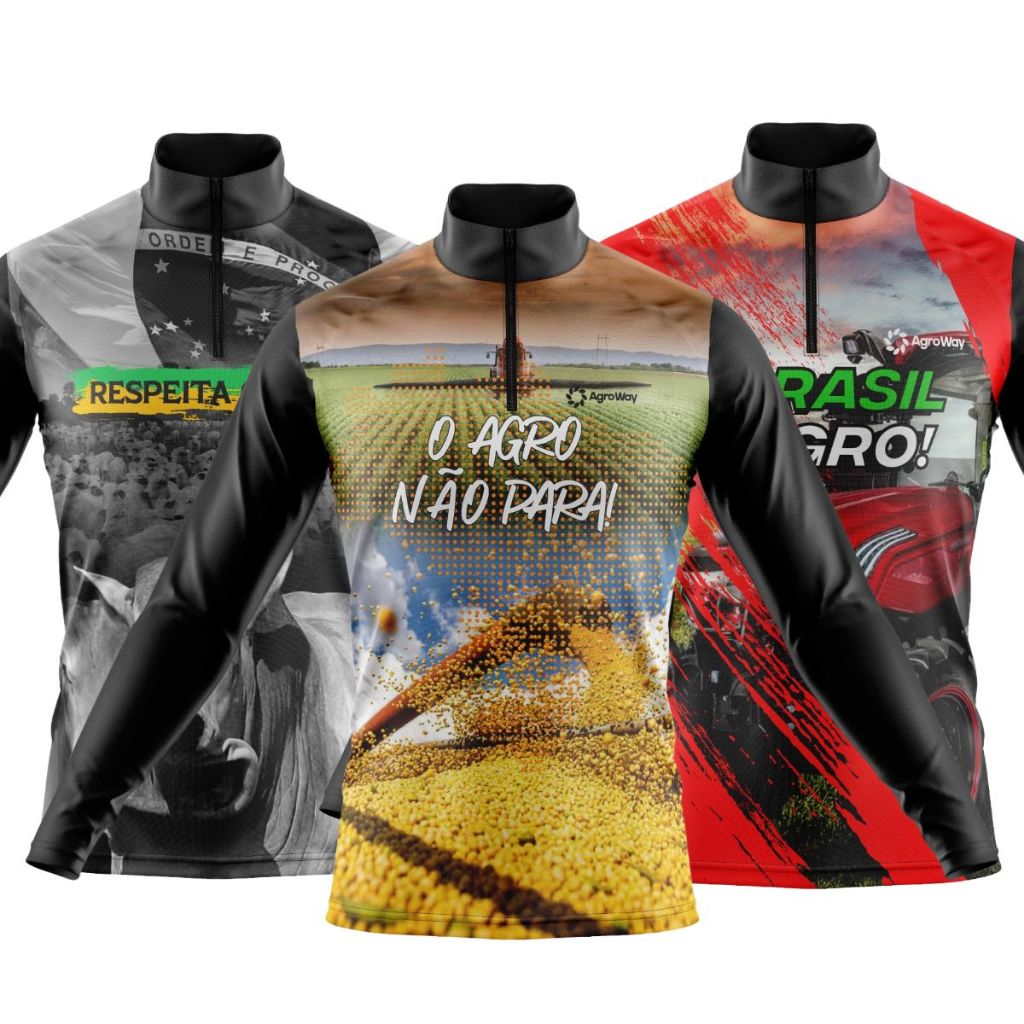 Kit 3 Camisa Camiseta Agro Manga Longa Zíper Proteção UV Solar Trator Colheita Milho Plantação Soja Café Gado Brasil Boi