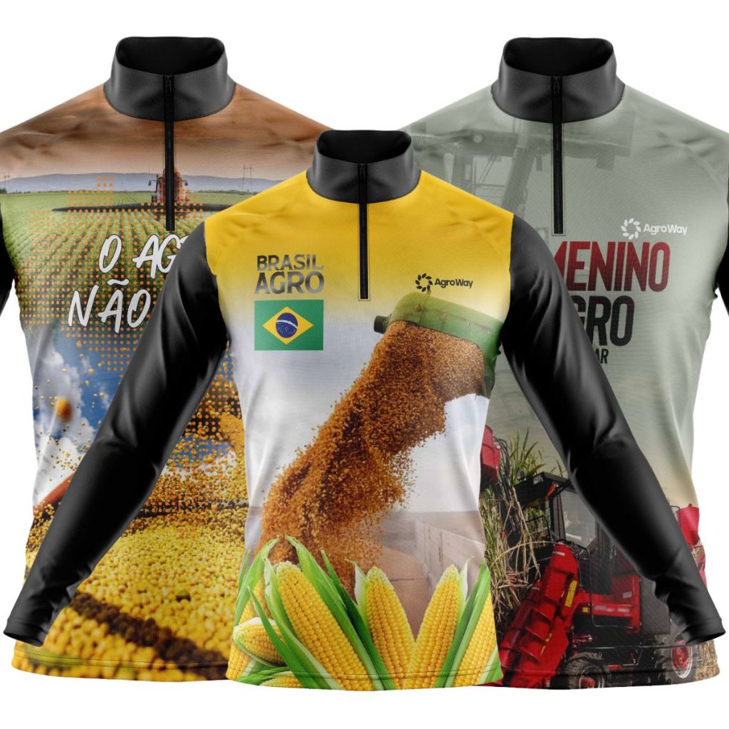Kit 3 Camisa Camiseta Agro Manga Longa Zíper Proteção UV Suave Colheita Café Plantação Soja Lavoura Cana Açúcar Trator