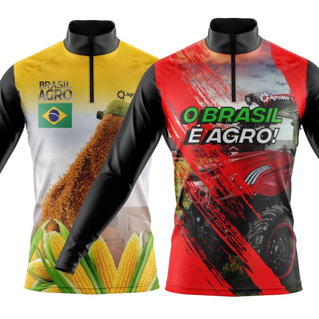 Kit 2 Camisa Camiseta Agro Manga Longa Proteção Uv Solar Colheita Plantação Soja Boi Brasil Gado Cana Açúcar Trator