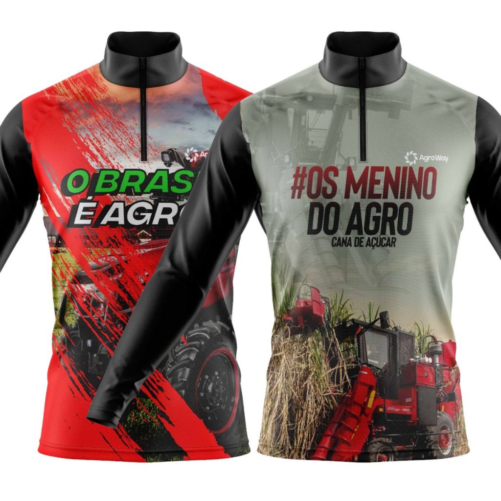 Kit 2 Camisa Camiseta Agro Manga Longa Zíper Cana Açúcar Roça Colheita Trabalho Campo Café Soja Boi Gado Plantação