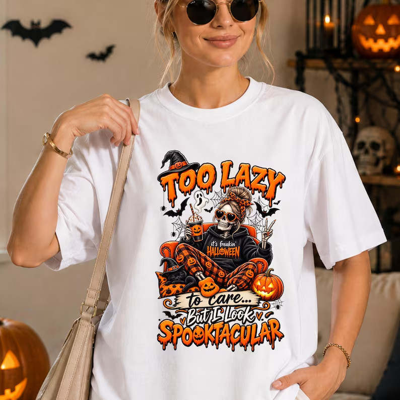Camisa de Algodão Branca com Estampa de Halloween de Zumbi e Letras 