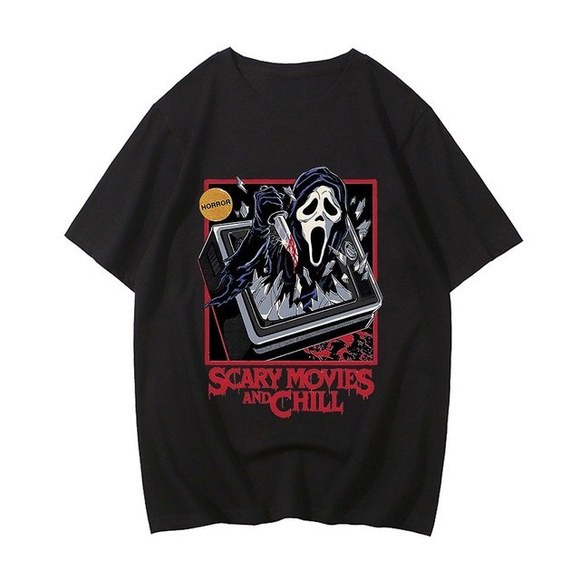 Camiseta Camisa 100%Algodão  Scary Movies and Chill Ghostface Streetwear Lançamento Envio Rápido