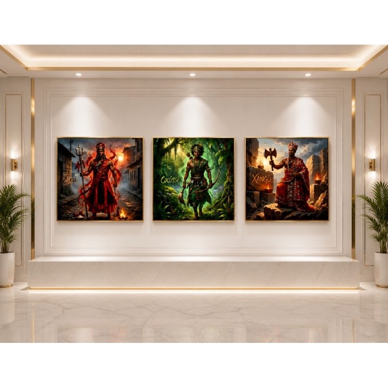 KIT TRÊS QUADROS DECORATIVO TEMA ENTIDADES E ORIXÁS EXÚ OXÓSSI E XANGÔ IMPRESSÃO ARTÍSTICA MODERNA.