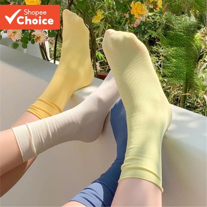 Meias Da Moda JK Coreanas | Ultrafinas Empilháveis De Seda Gelada Cor Pastel Dopamina Para Mulheres (Creme/Rosa/Amarelo)