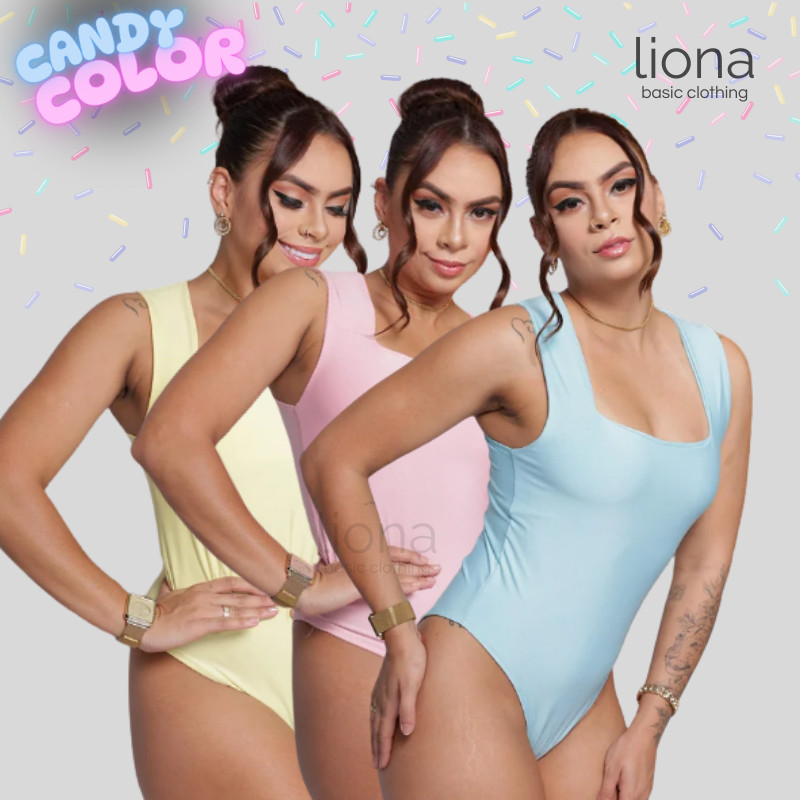 Body Regata Collant Feminino Decote Quadrado Forrado Gringo Estilo Blogueirinha Candy Color Verão