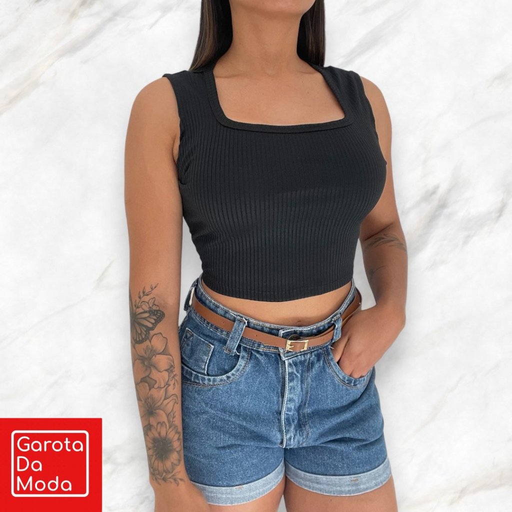 Cropped Regata Feminino Gringo Básico Canelado Decote Quadrado