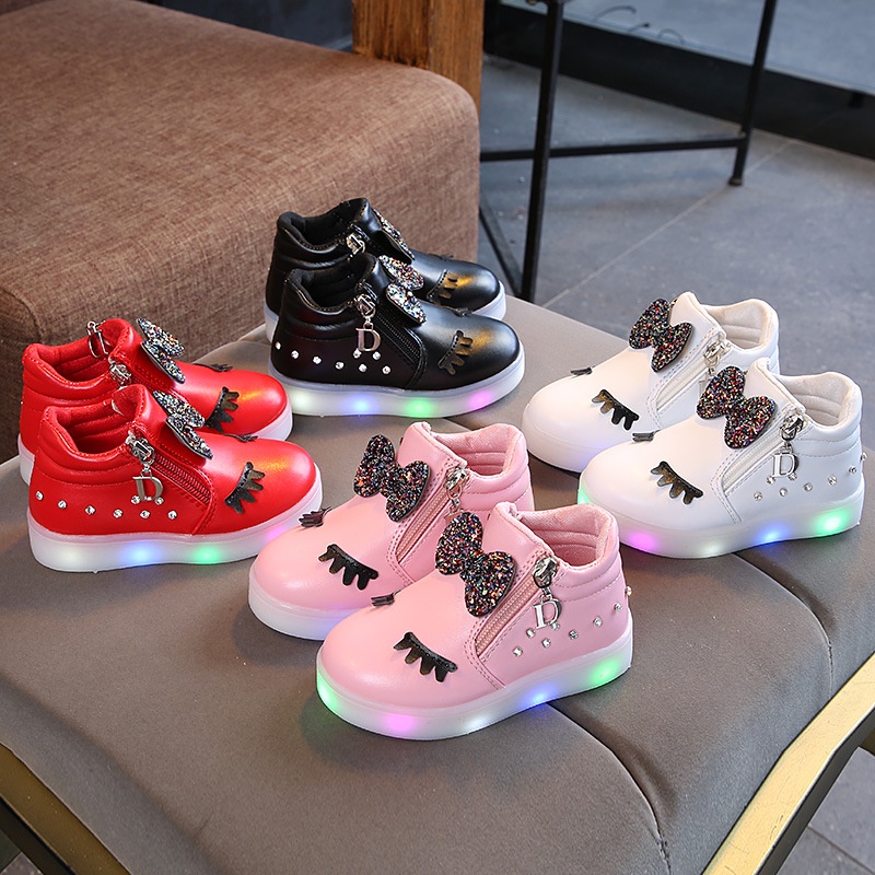 (um pouco menor)Novo Estilo Primavera Outono Das Crianças Sapatos Esportivos Meninas De Strass Com Luz 1-5-9 Anos LED -