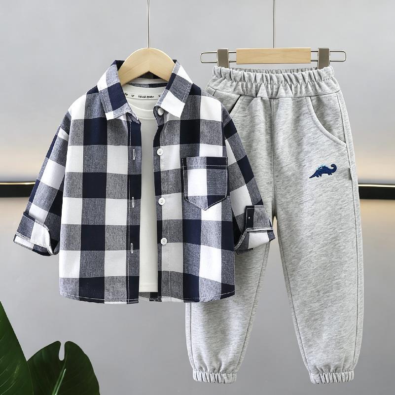 Conjunto Infantil , Camisa Xadrez Primavera E Outono Para Meninos + Calças Esportivas Casuais De Duas Peças , 1-7 Anos D