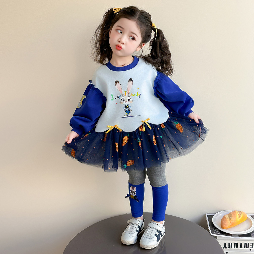 Meninas primavera outono terno esportivo novo estilo azul coelho impressão estilo ocidental moletom terno de duas peças