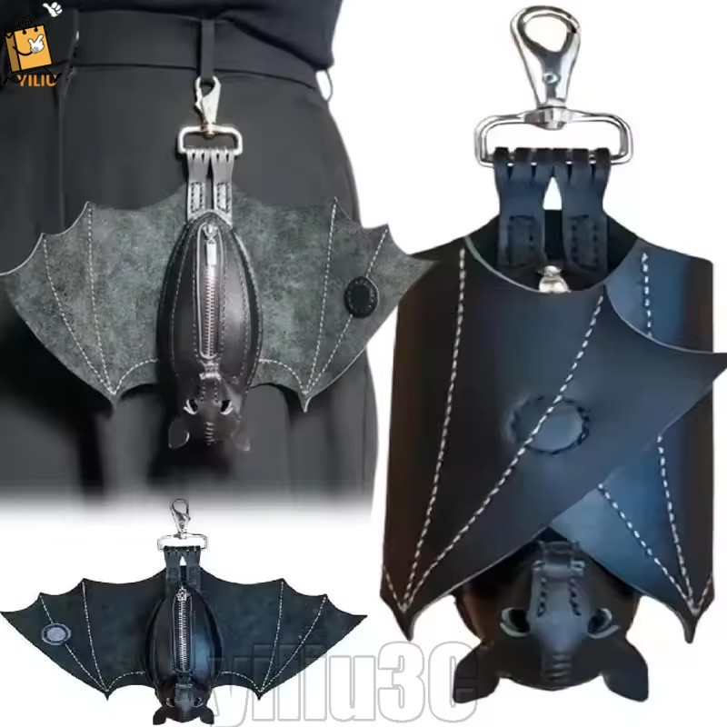 [Prim] Bolsa De Moedas De Morcego Preto Com Mosquetão-Zíper Asas Dobráveis Troca Criativa-Chaveiro Carteira Estilo Gótic