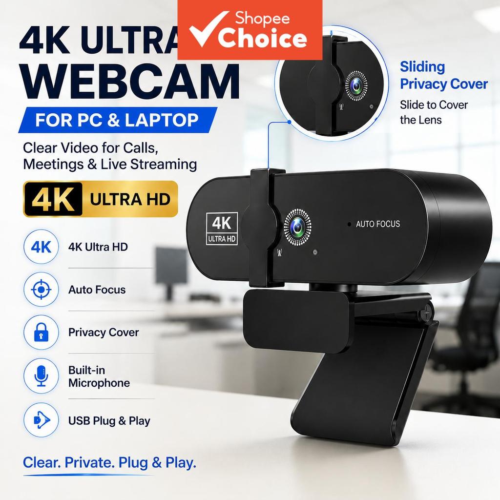 Câmera Web 4K JCL para PC Laptop, Câmera com Autofocus PDAF UHD e Microfone com Cancelamento de Ruído, Tampa de