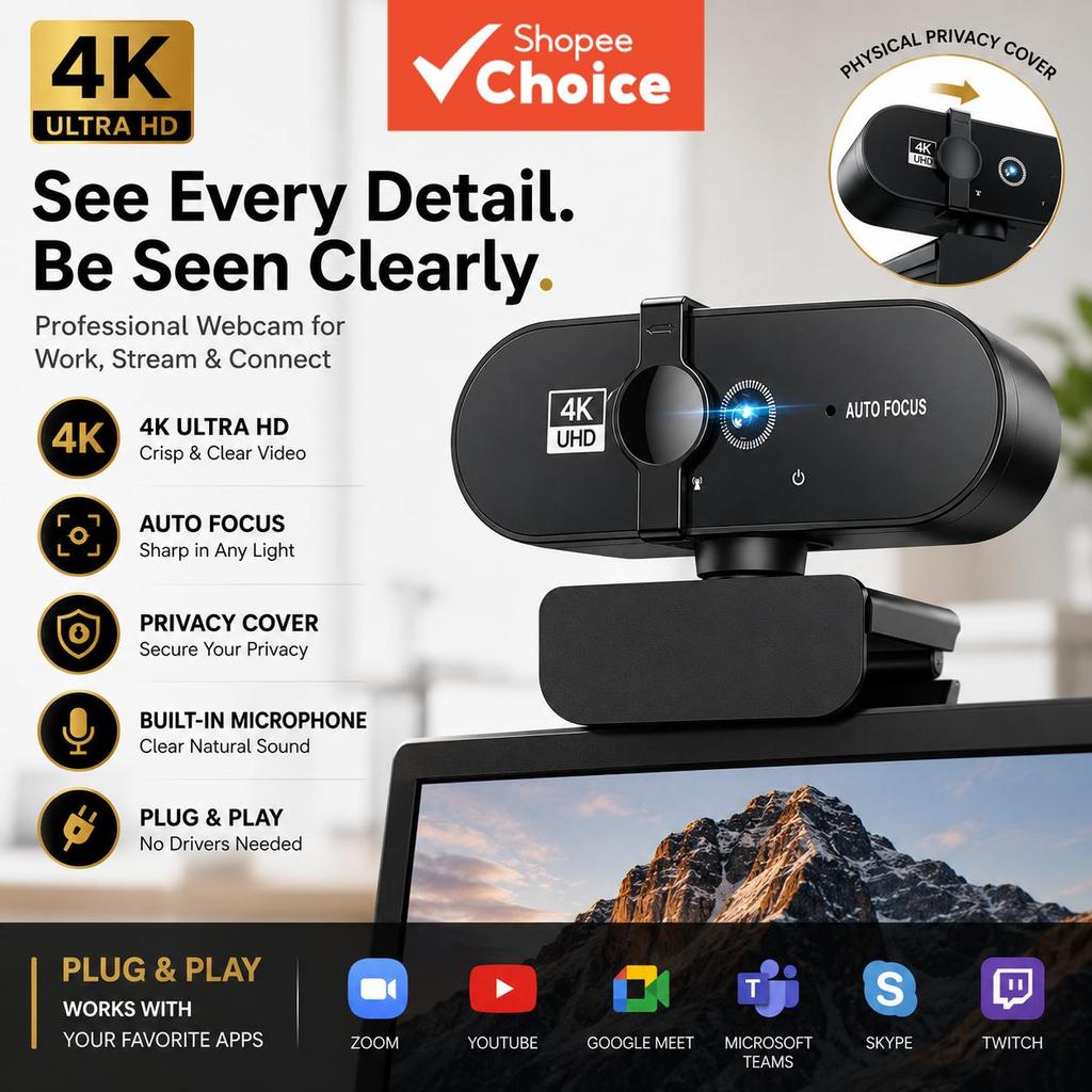 Câmera Web 4K JCL para PC e Laptop, Câmera CMOS UHD com Autofocus PDAF, Microfone com Cancelamento de Ruído, Tampa de