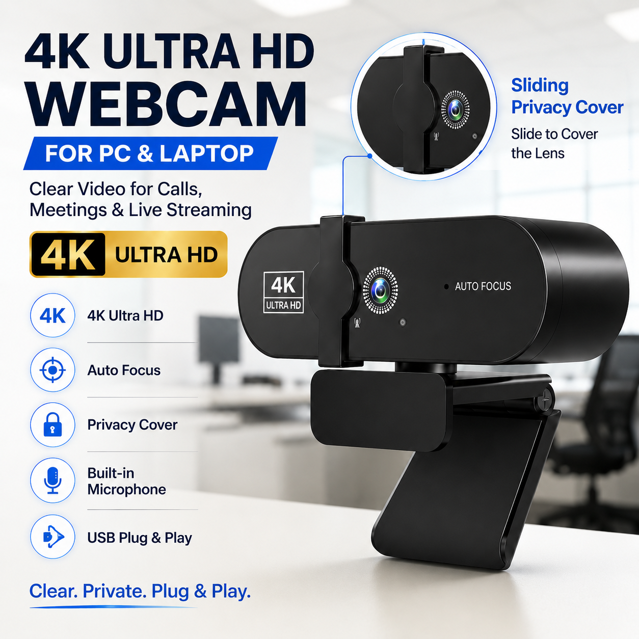 Câmera Web 4K JCL para PC e Laptop, Câmera Autofocus PDAF UHD com Microfone com Cancelamento de Ruído, Tampa de