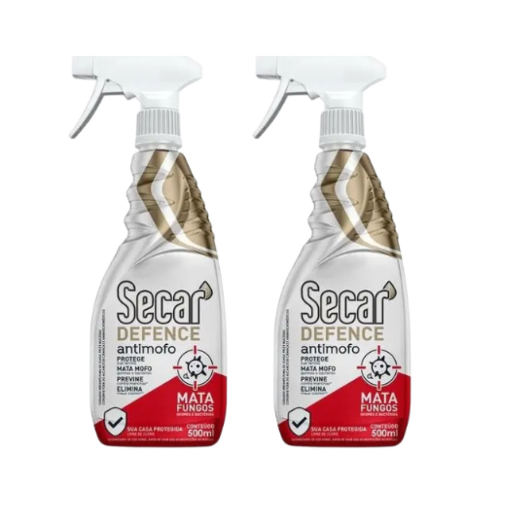 2 Spray Antimofo Secar Defence 500ml Mata Mofo Fungos Bolor Fungos Couro Roupa Parede Mau Cheiro