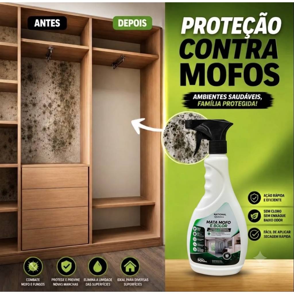 Antimofo Para Guarda-Roupa Armario Madeira E Gavetas Mata Mofo E Bolor Potente 500ml National Quimica Spray