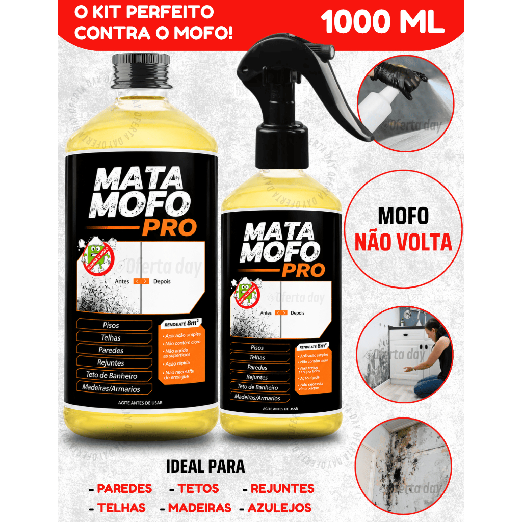 Tira Mata Mofo PREMIUM Com Spray Anti Não Volta Elimina Parede Teto Piso 1LT Armário Madeira Bolor