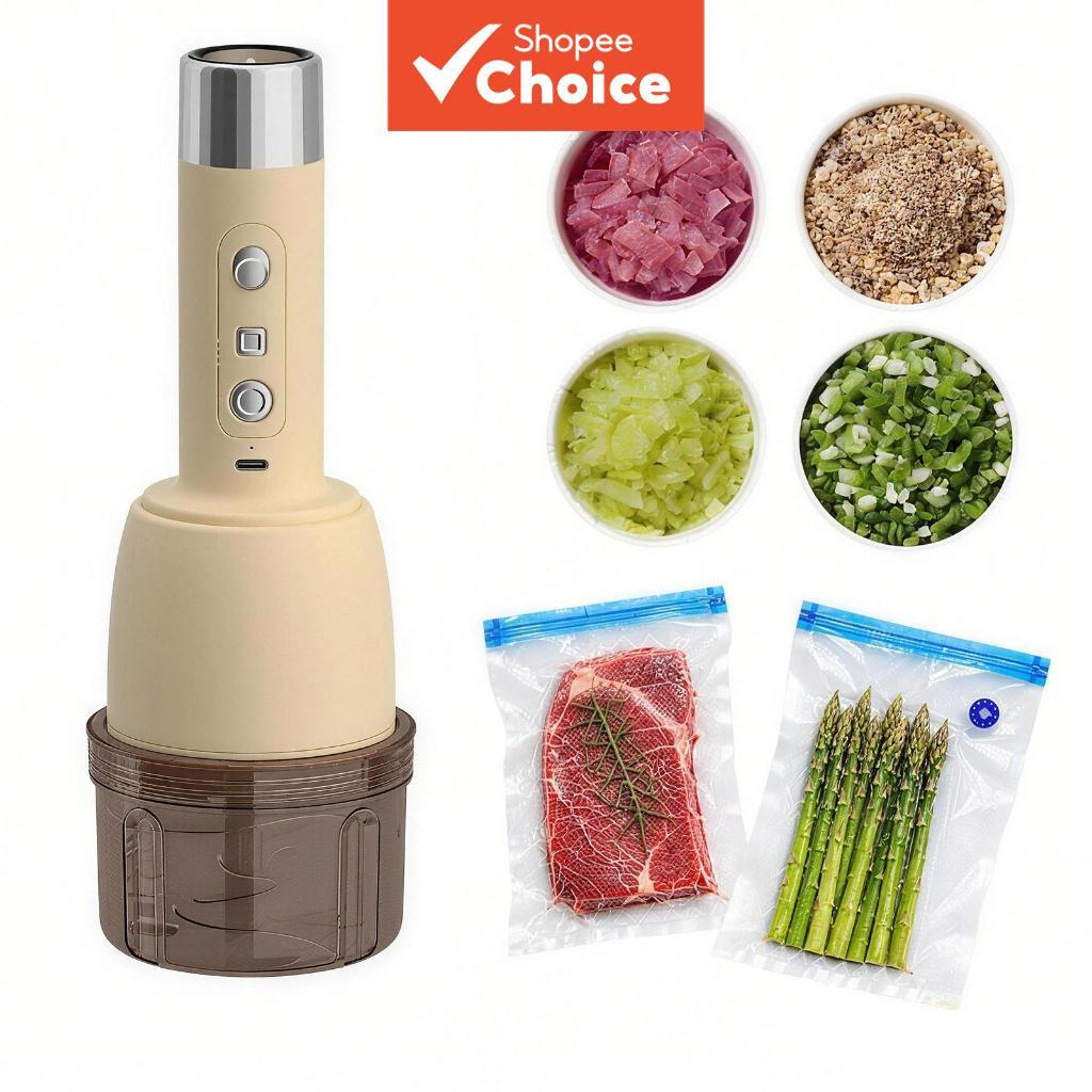 Picador de alimentos elétrico portátil 2 em 1 USB recarregável, selador a vácuo, mini liquidificador manual com 3