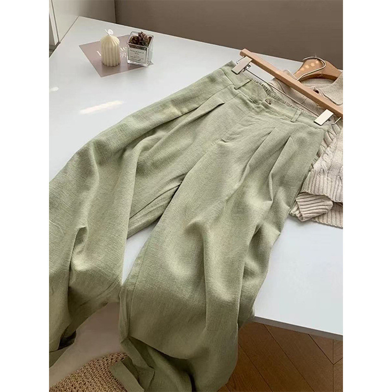 Japanese-style avocado green ramie casual pants for women, spring and summer2025New loose wide-leg pants for petite indi