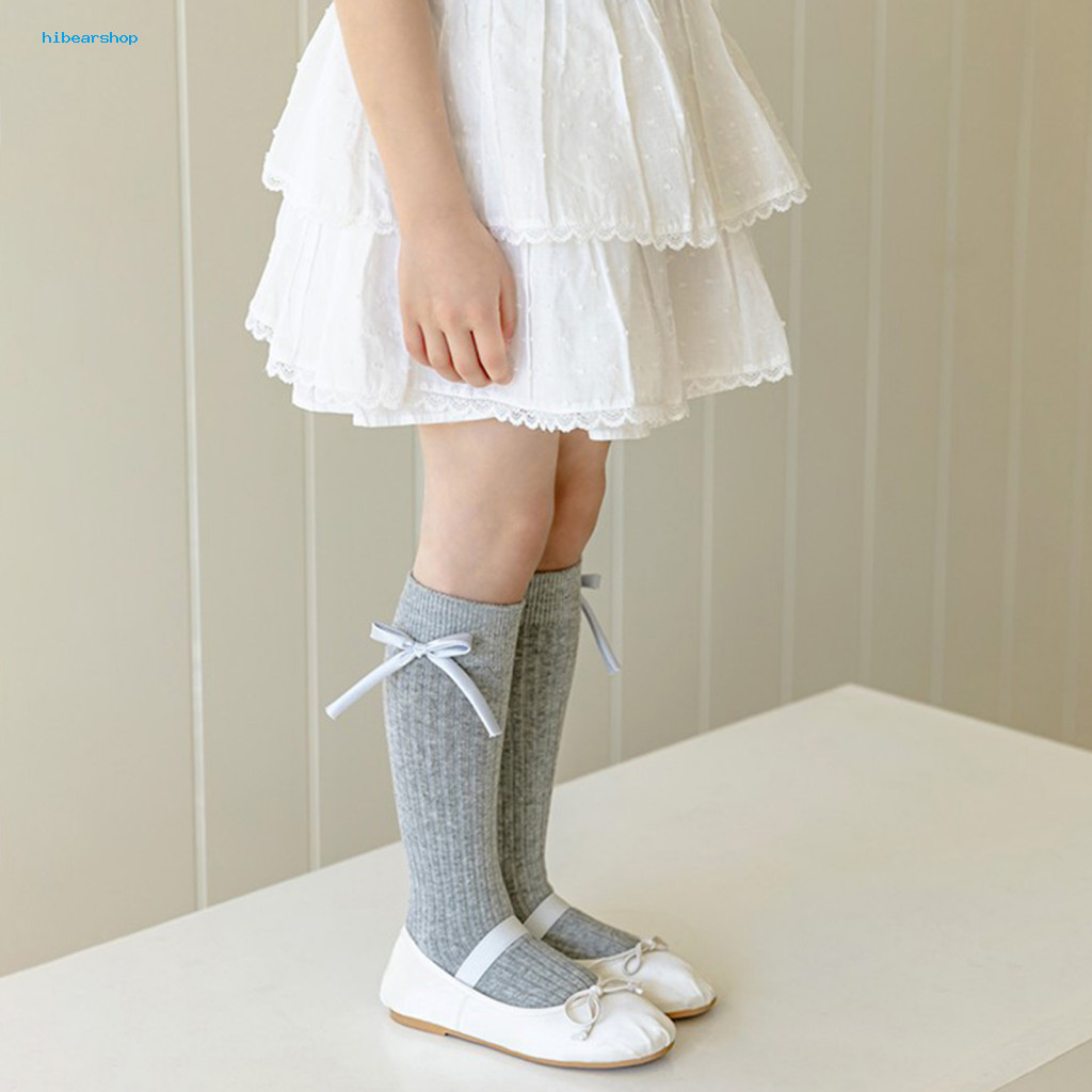 Japanese High School Stockings Long Tube Socks Princess Style Bow Decor Children for Spring Autumn Wear Calf in Solid Co