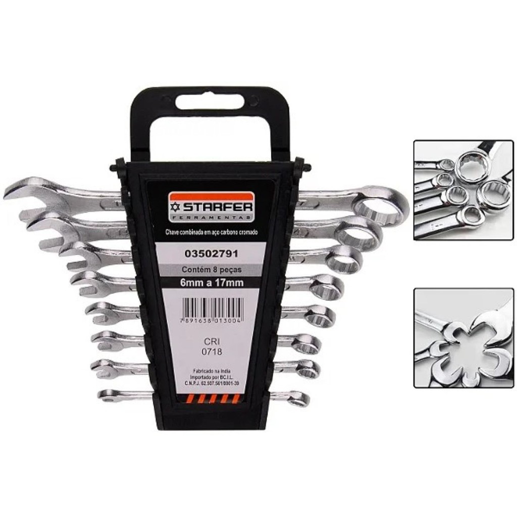 Jogo De Chave Combinada 6 a 17mm 8pçs Starfer Profissional Pro