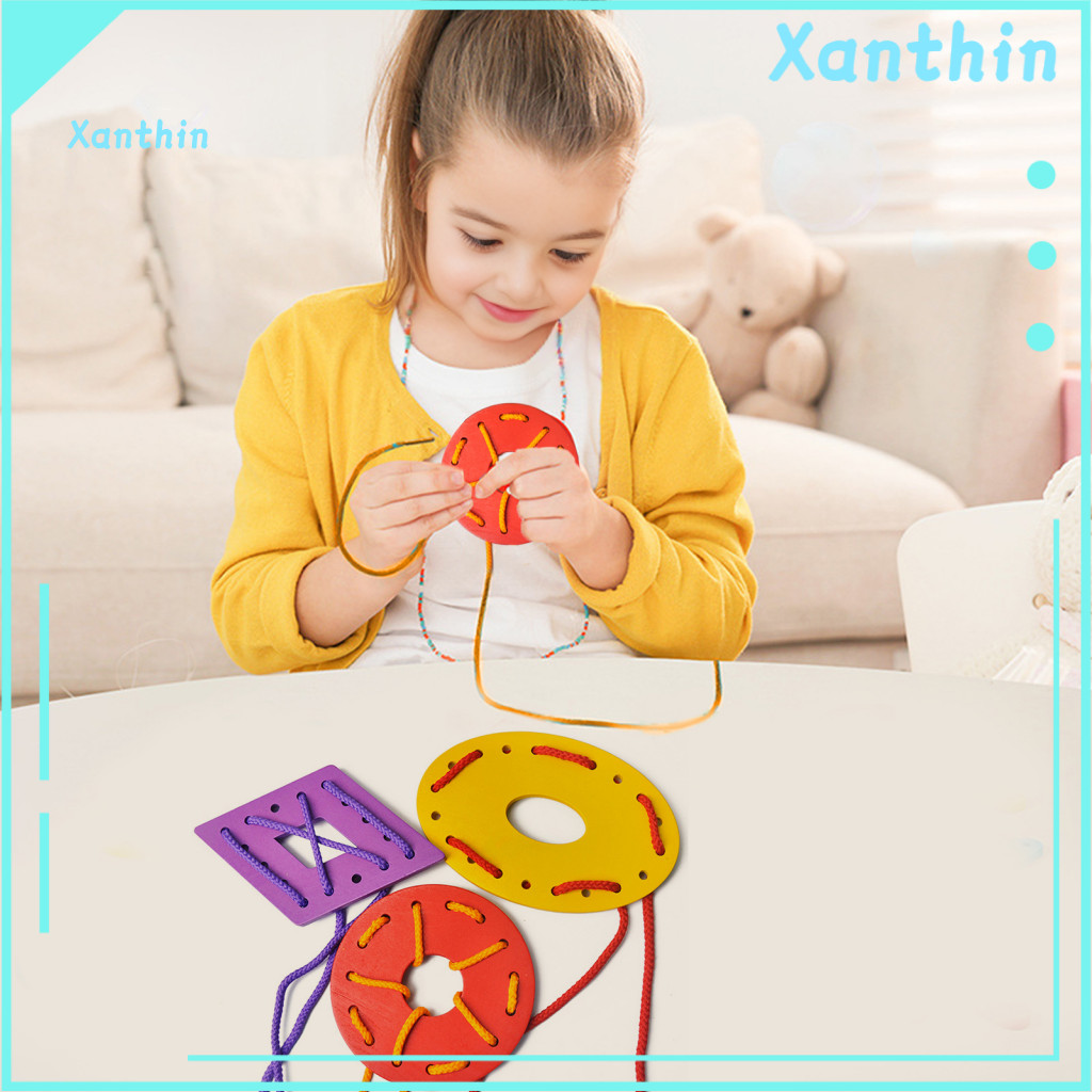 Hands-on Threading Board Kids 8pcs Wooden Geometric Shape Toy Set – Fine Motor Skills Lacing Game for Toddlers Prescho